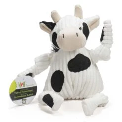 HuggleHounds Barnyard Durable Plush Corduroy Knottie Cow Squeaky Dog Toy