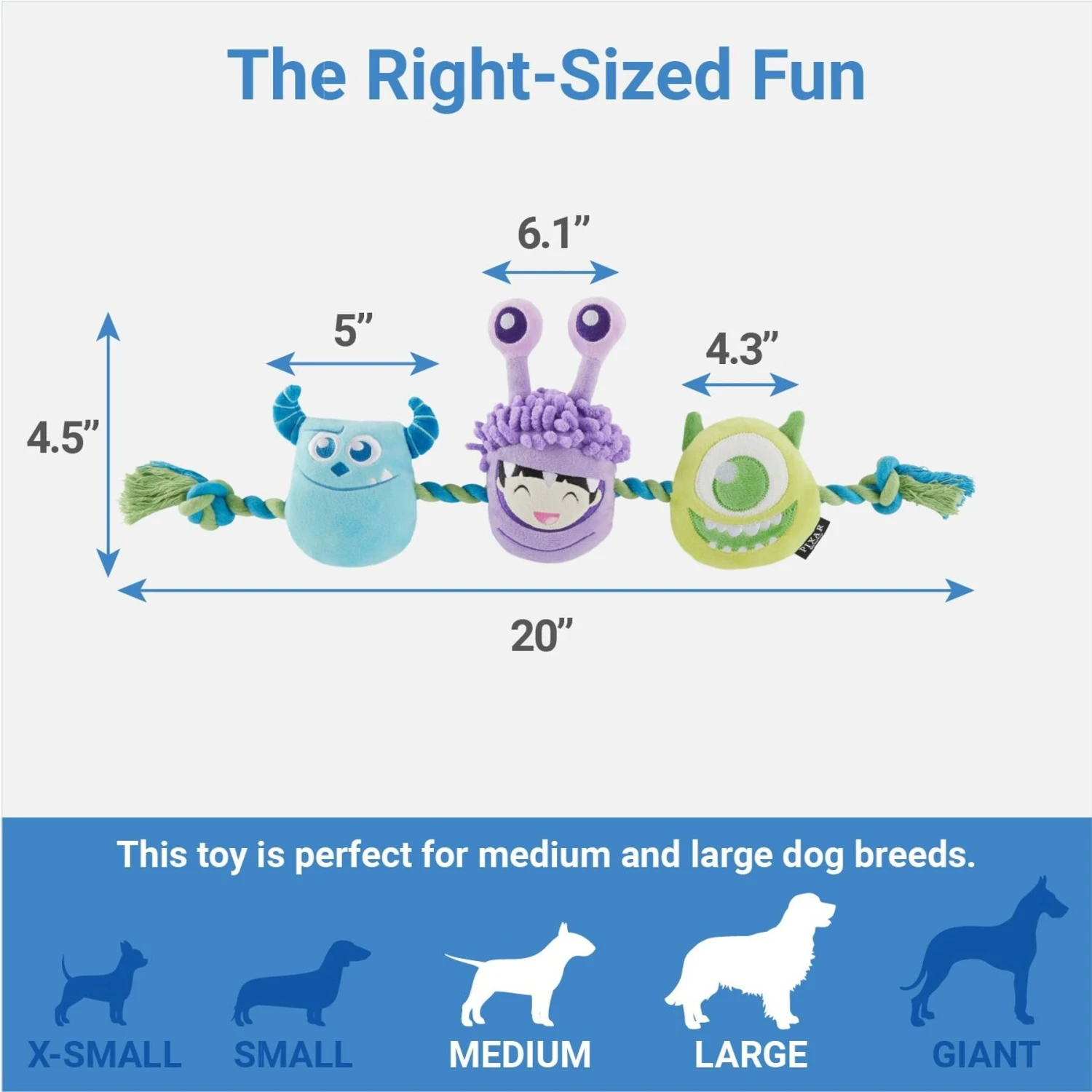 Pixar Monsters, Inc. Plush With Rope Squeaky Dog Toy 2 Pixar Monsters, Inc. Plush With Rope Squeaky Dog Toy - Image 2