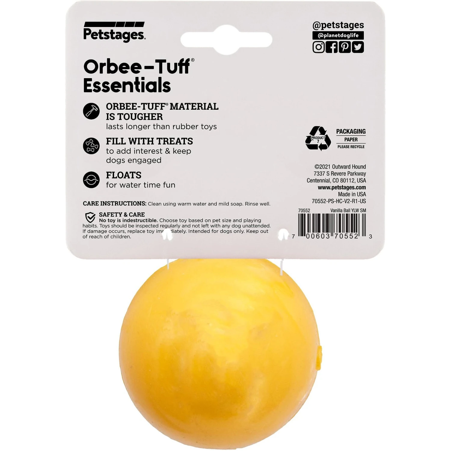 Planet Dog Orbee-Tuff Essentials Vanilla Scented Interactive Dog Ball Treat Dispenser Toy, Yellow 8 Planet Dog Orbee-Tuff Essentials Vanilla Scented Interactive Dog Ball Treat Dispenser Toy, Yellow - Image 8