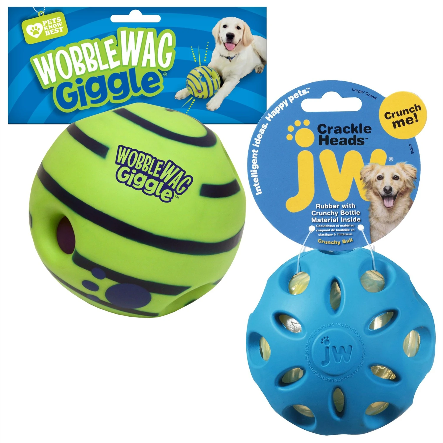 As Seen On TV Wobble Wag Giggle Ball Dog Toy & JW Pet Crackle Heads Ball Dog Toy, Color Varies 1 As Seen On TV Wobble Wag Giggle Ball Dog Toy & JW Pet Crackle Heads Ball Dog Toy, Color Varies